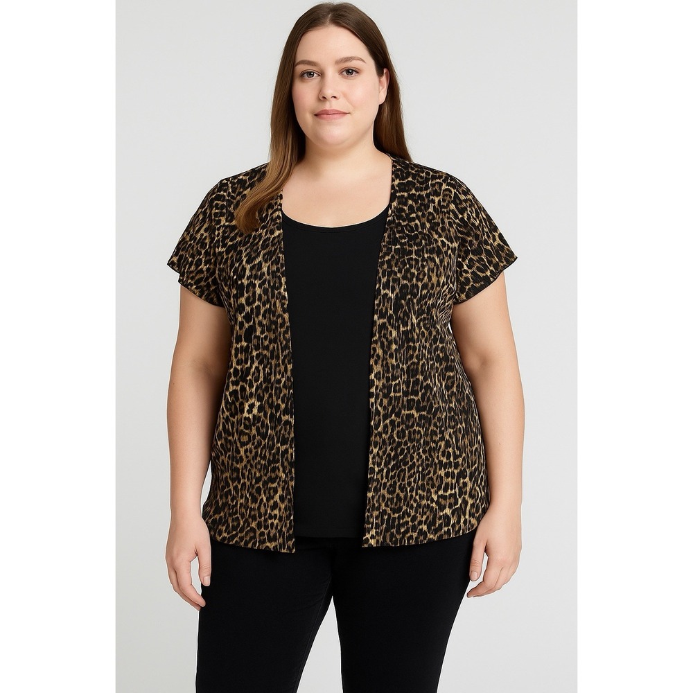 Sara Michelle Women's 1X Leopard Print Open Front Short Sleeve Cardigan Top